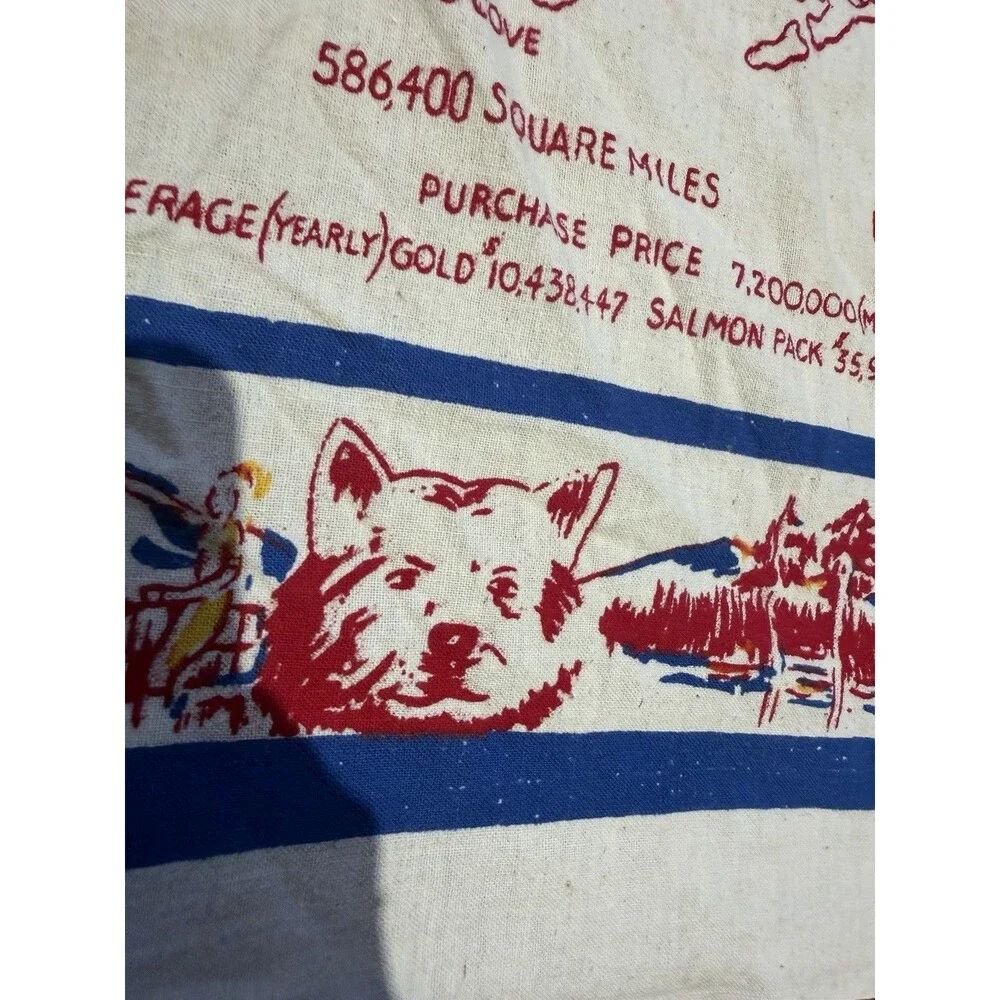VTG Majestic Alaska Map Souvenir Linen Tablecloth Handkerchief LARGE 44x49 60s